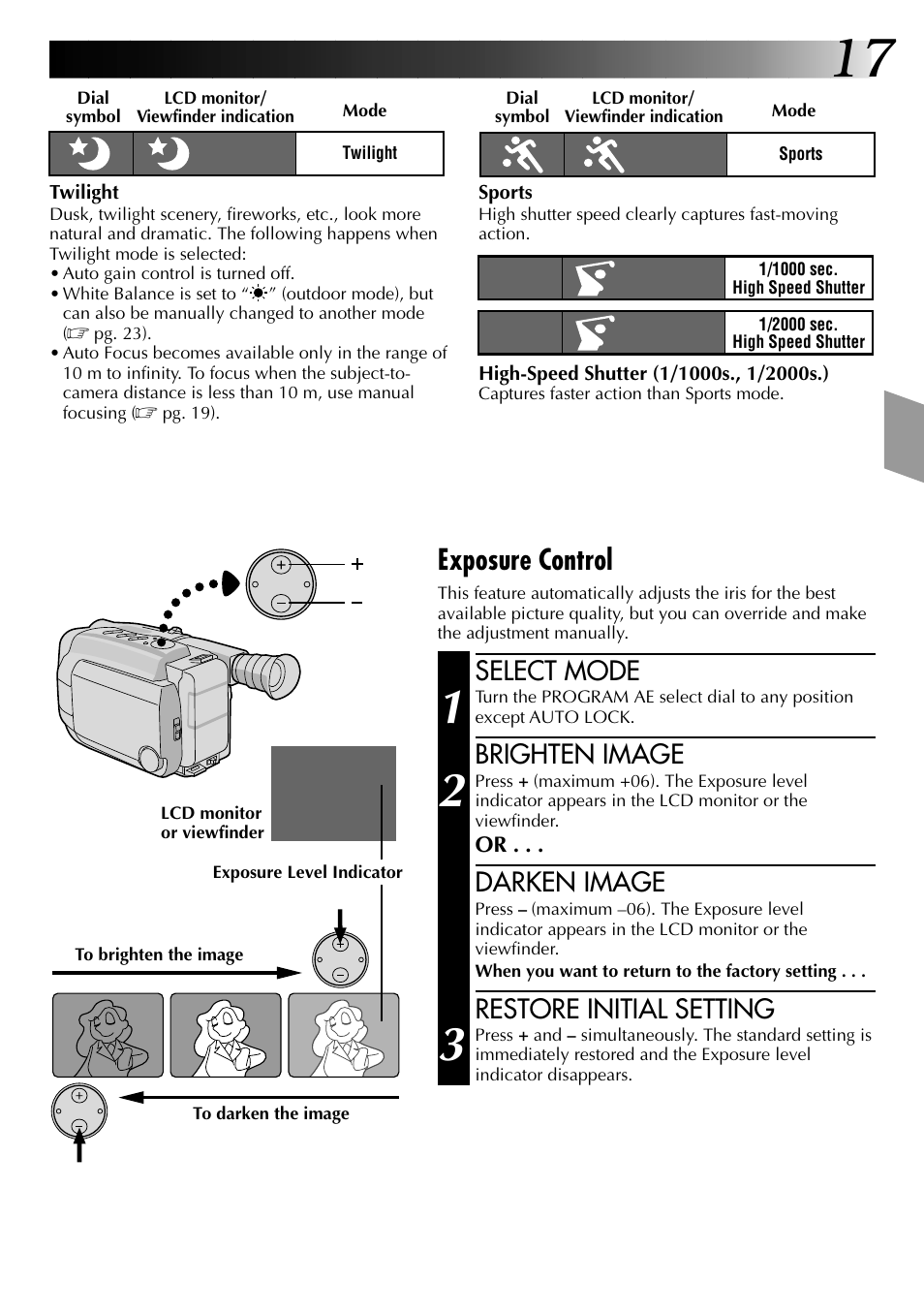 Exposure control, Select mode, Brighten image | Darken image, Restore initial setting | JVC COMPACT VHS CAMCORDER GR-AXM30 User Manual | Page 17 / 48