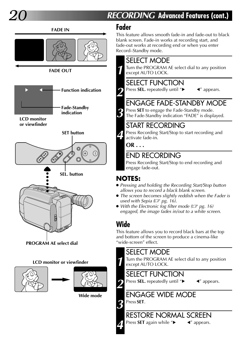 Recording, Advanced features (cont.) fader, Wide | JVC COMPACT VHS CAMCORDER GR-AXM30 User Manual | Page 20 / 48