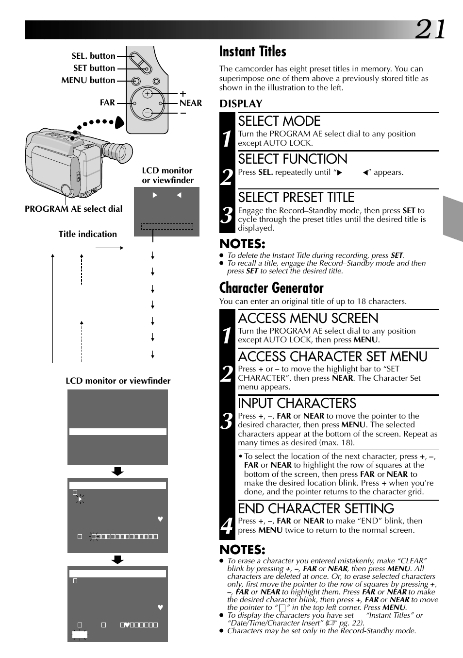 Instant titles, Character generator, Select mode | Select function, Select preset title, Access menu screen, Access character set menu, Input characters, End character setting | JVC COMPACT VHS CAMCORDER GR-AXM30 User Manual | Page 21 / 48