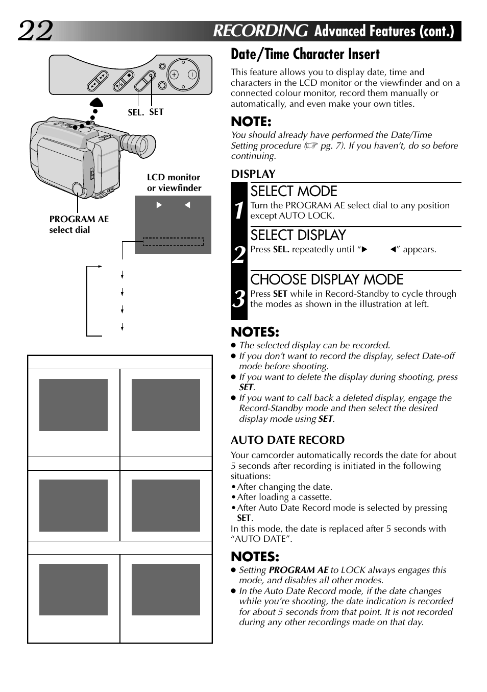 Recording, Select mode, Select display | Choose display mode | JVC COMPACT VHS CAMCORDER GR-AXM30 User Manual | Page 22 / 48