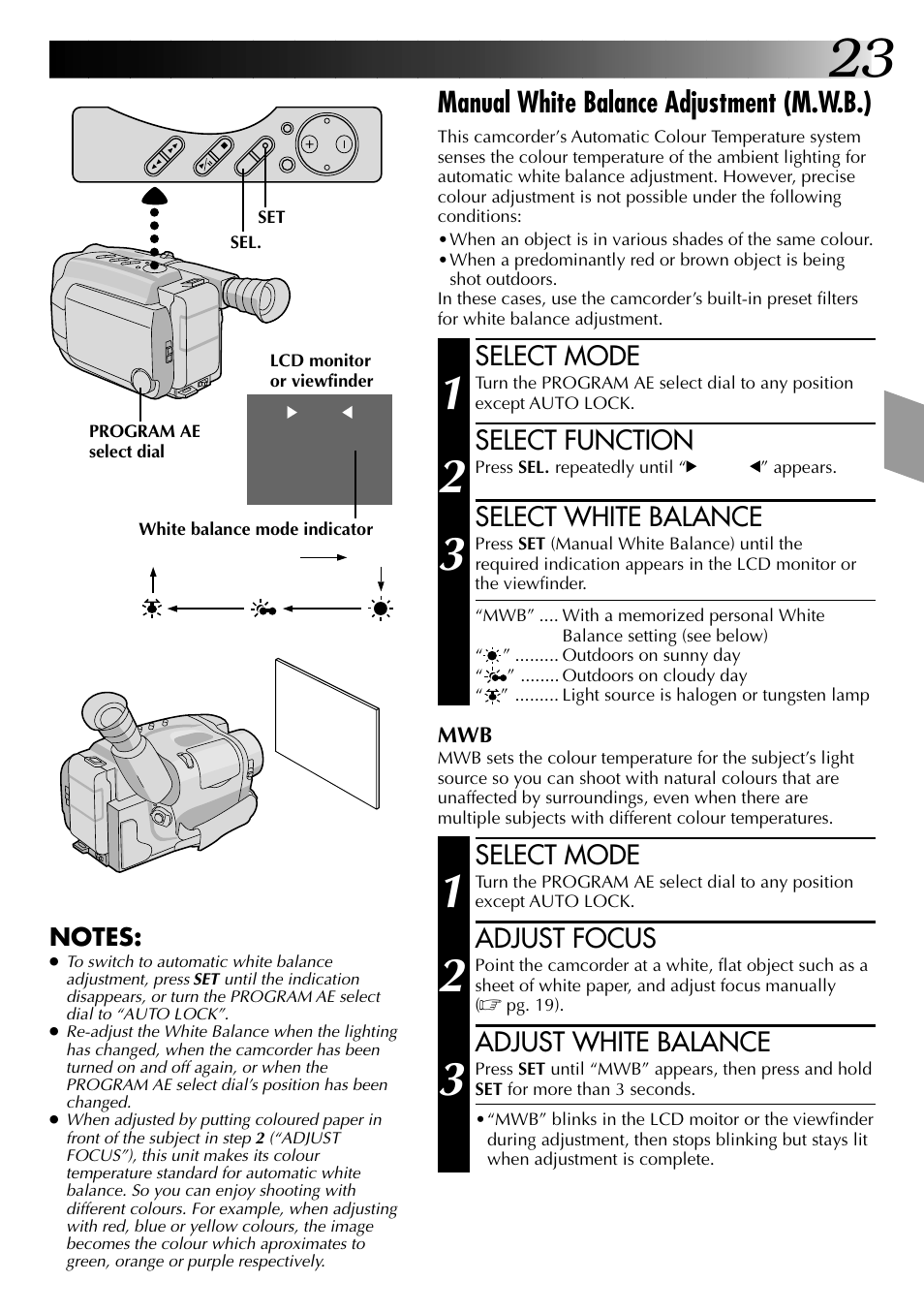 Manual white balance adjustment (m.w.b.), Select mode, Select function | Select white balance, Adjust focus, Adjust white balance | JVC COMPACT VHS CAMCORDER GR-AXM30 User Manual | Page 23 / 48