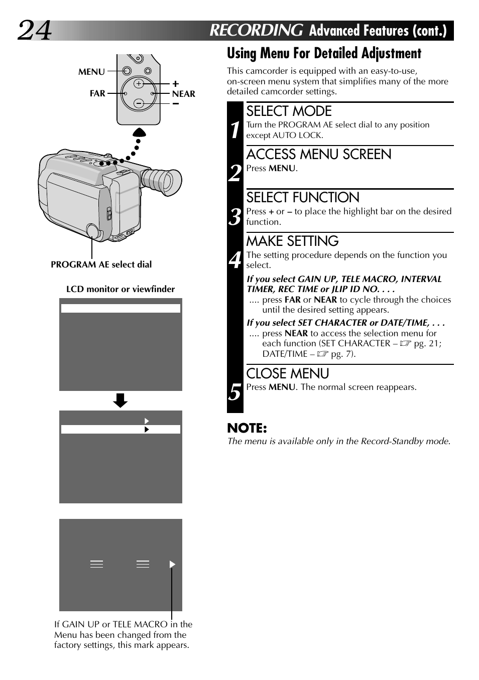 Recording, Using menu for detailed adjustment, Advanced features (cont.) | Select mode, Access menu screen, Select function, Make setting, Close menu | JVC COMPACT VHS CAMCORDER GR-AXM30 User Manual | Page 24 / 48