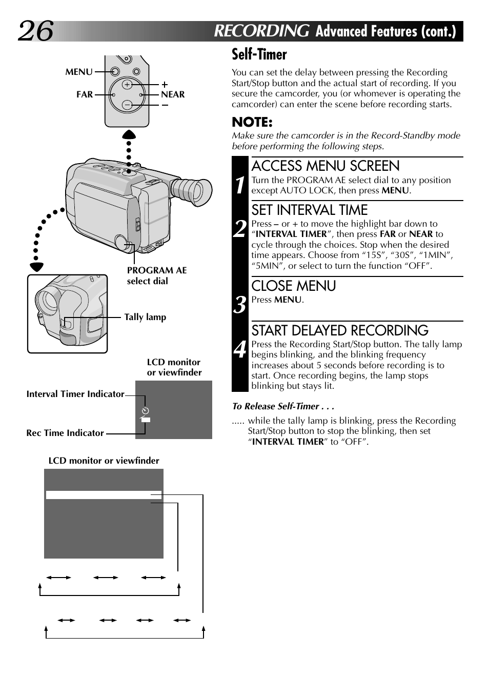 Recording, Advanced features (cont.) self-timer, Access menu screen | Set interval time, Close menu, Start delayed recording | JVC COMPACT VHS CAMCORDER GR-AXM30 User Manual | Page 26 / 48