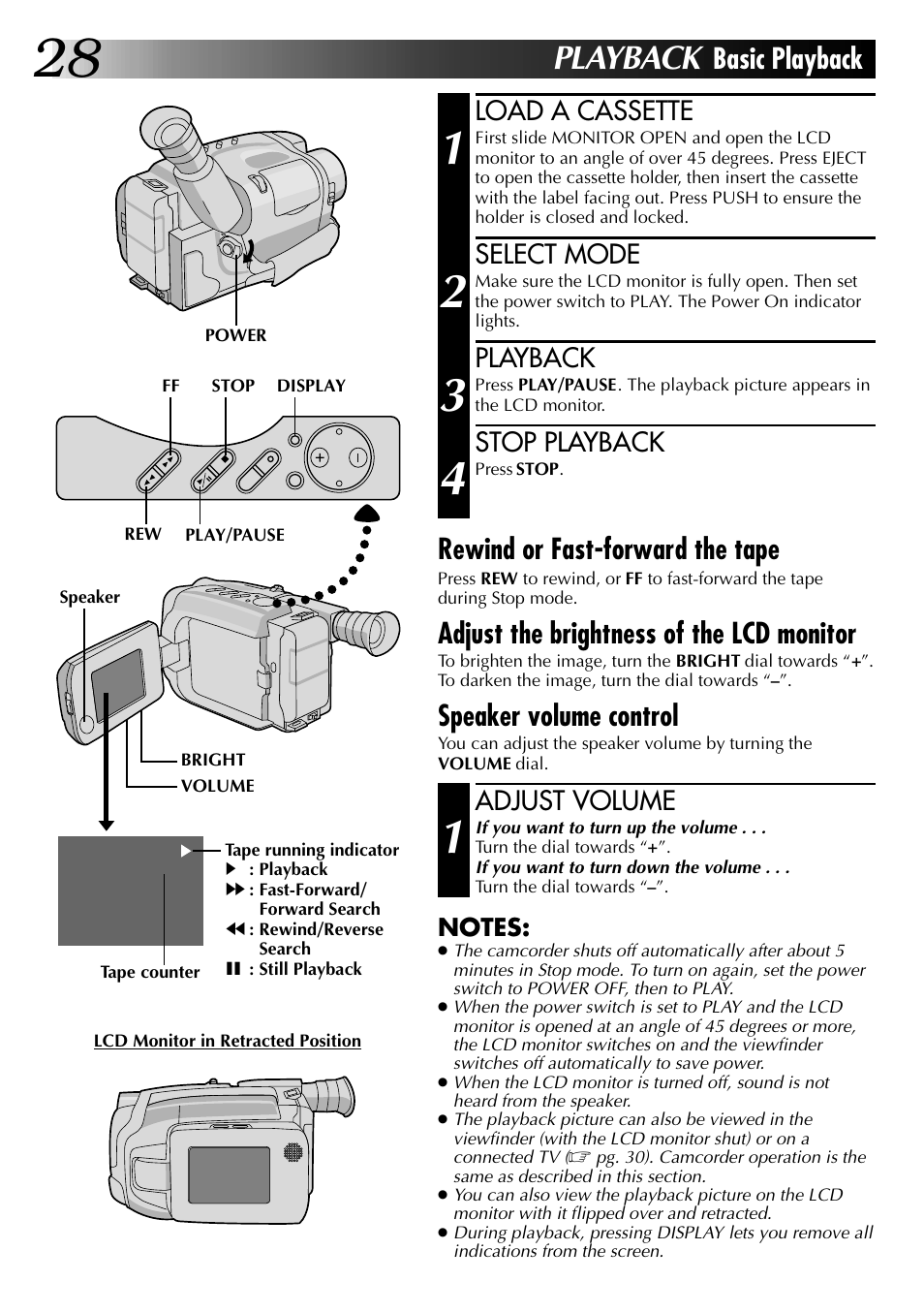 Playback, Basic playback, Rewind or fast-forward the tape | Adjust the brightness of the lcd monitor, Speaker volume control, Load a cassette, Select mode, Stop playback, Adjust volume | JVC COMPACT VHS CAMCORDER GR-AXM30 User Manual | Page 28 / 48