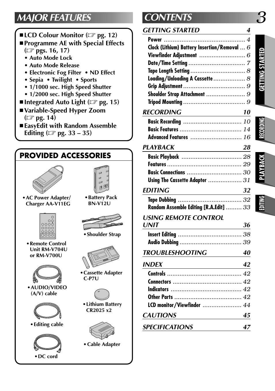 Major features contents | JVC COMPACT VHS CAMCORDER GR-AXM30 User Manual | Page 3 / 48