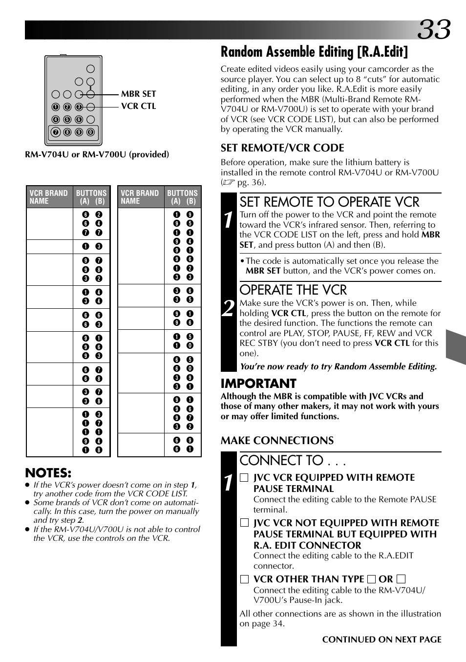 Random assemble editing [r.a.edit, Set remote to operate vcr, Operate the vcr | Connect to, Important, Set remote/vcr code, Make connections | JVC COMPACT VHS CAMCORDER GR-AXM30 User Manual | Page 33 / 48