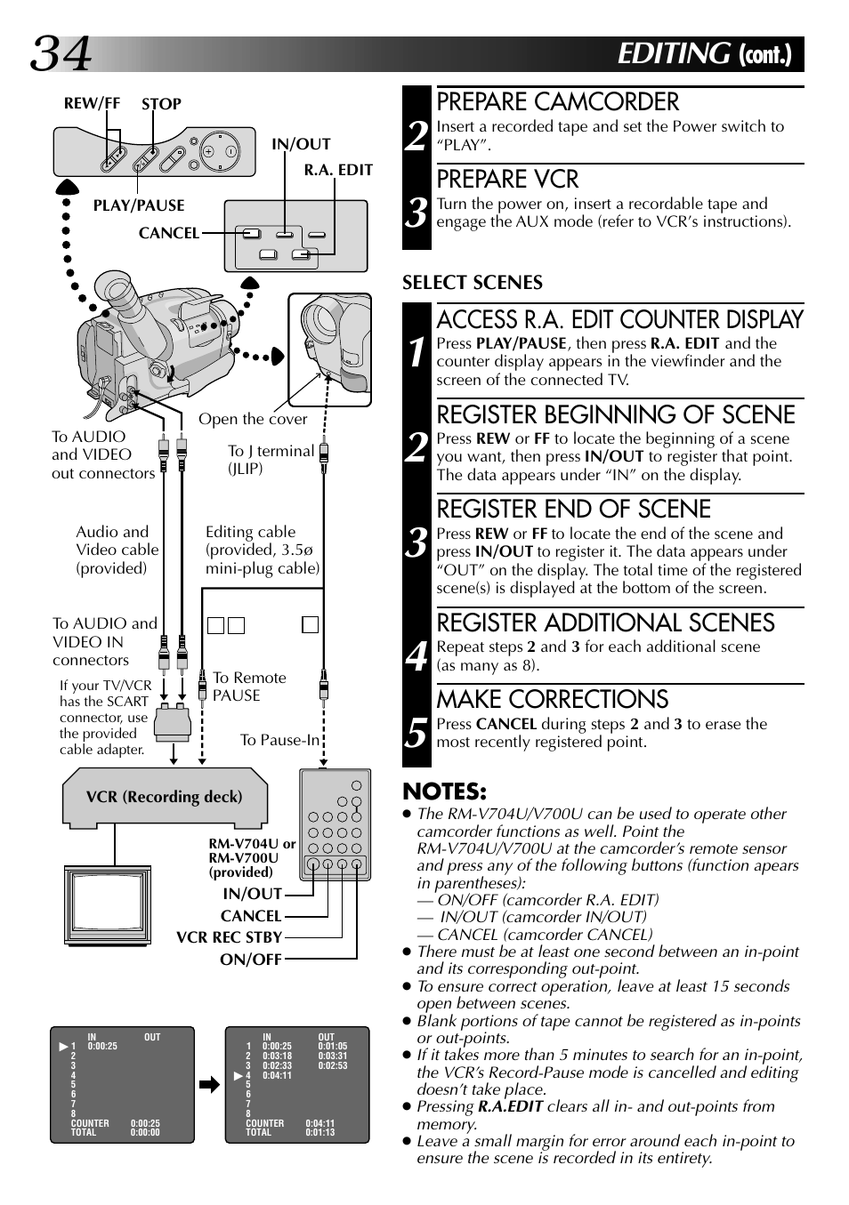 Editing, Cont.), Prepare camcorder | Prepare vcr, Access r.a. edit counter display, Register beginning of scene, Register end of scene, Register additional scenes, Make corrections | JVC COMPACT VHS CAMCORDER GR-AXM30 User Manual | Page 34 / 48