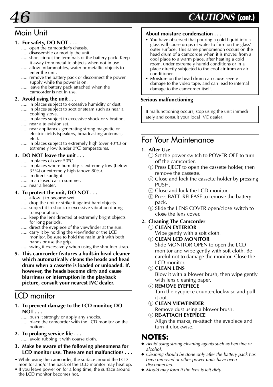 Cautions, Cont.), For your maintenance | Main unit, Lcd monitor | JVC COMPACT VHS CAMCORDER GR-AXM30 User Manual | Page 46 / 48