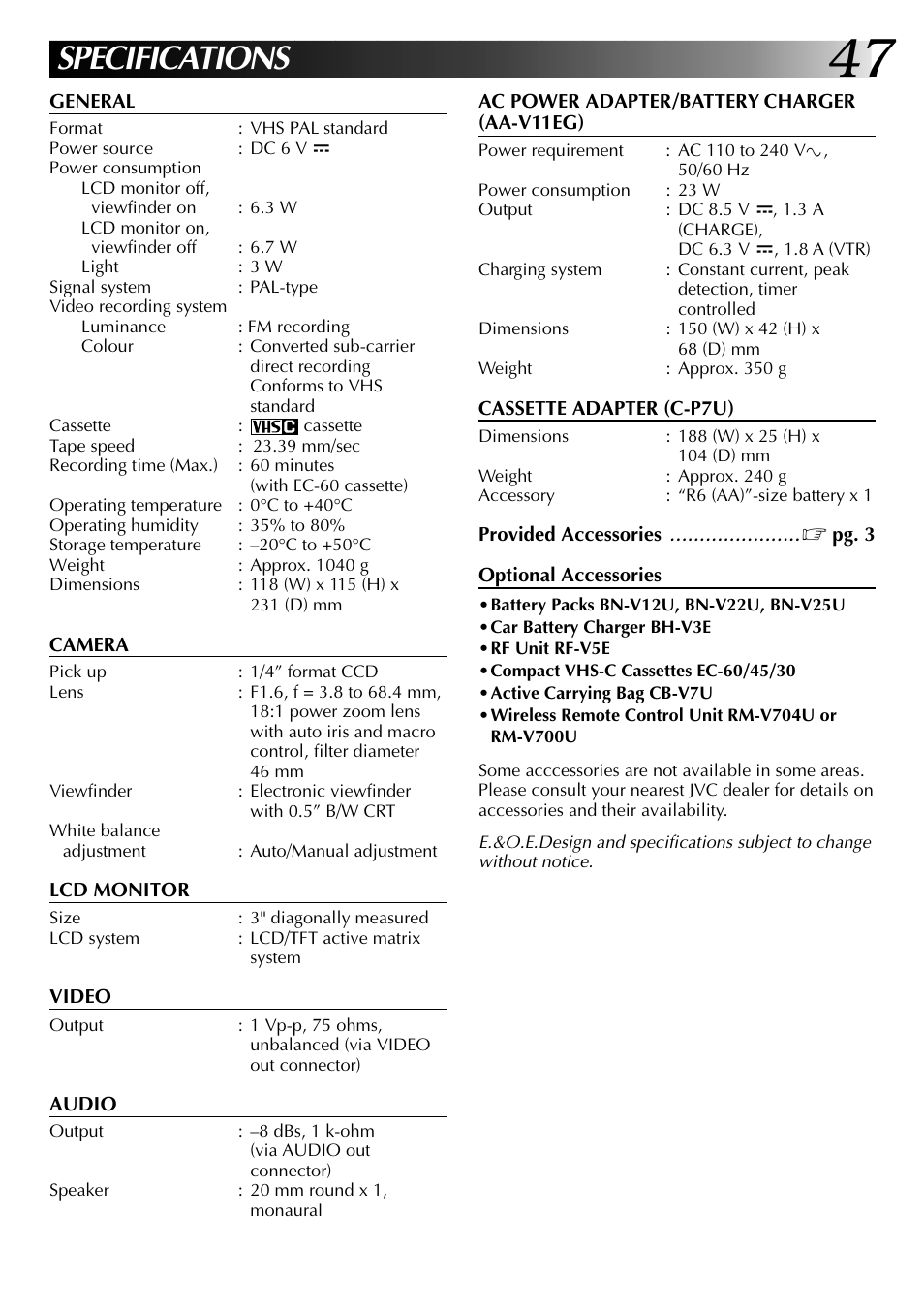 Specifications | JVC COMPACT VHS CAMCORDER GR-AXM30 User Manual | Page 47 / 48