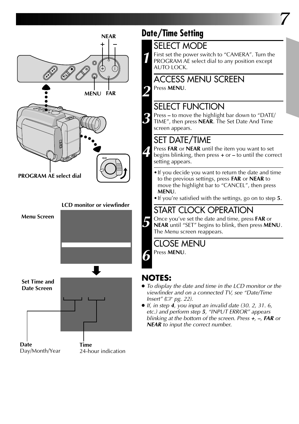 Date/time setting, Select mode, Access menu screen | Select function, Set date/time, Start clock operation, Close menu | JVC COMPACT VHS CAMCORDER GR-AXM30 User Manual | Page 7 / 48