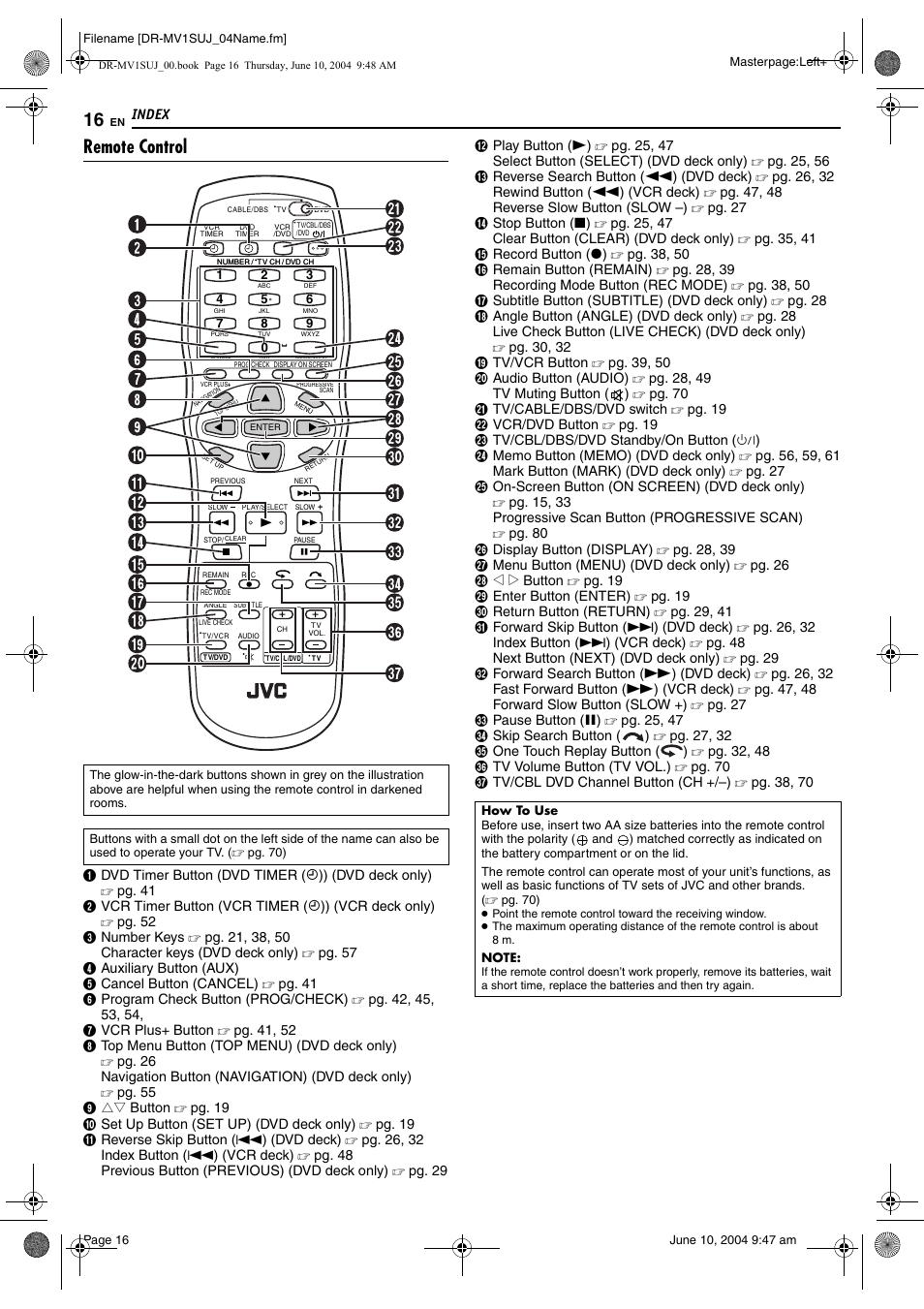 Remote control | JVC DR-MV1S User Manual | Page 16 / 92