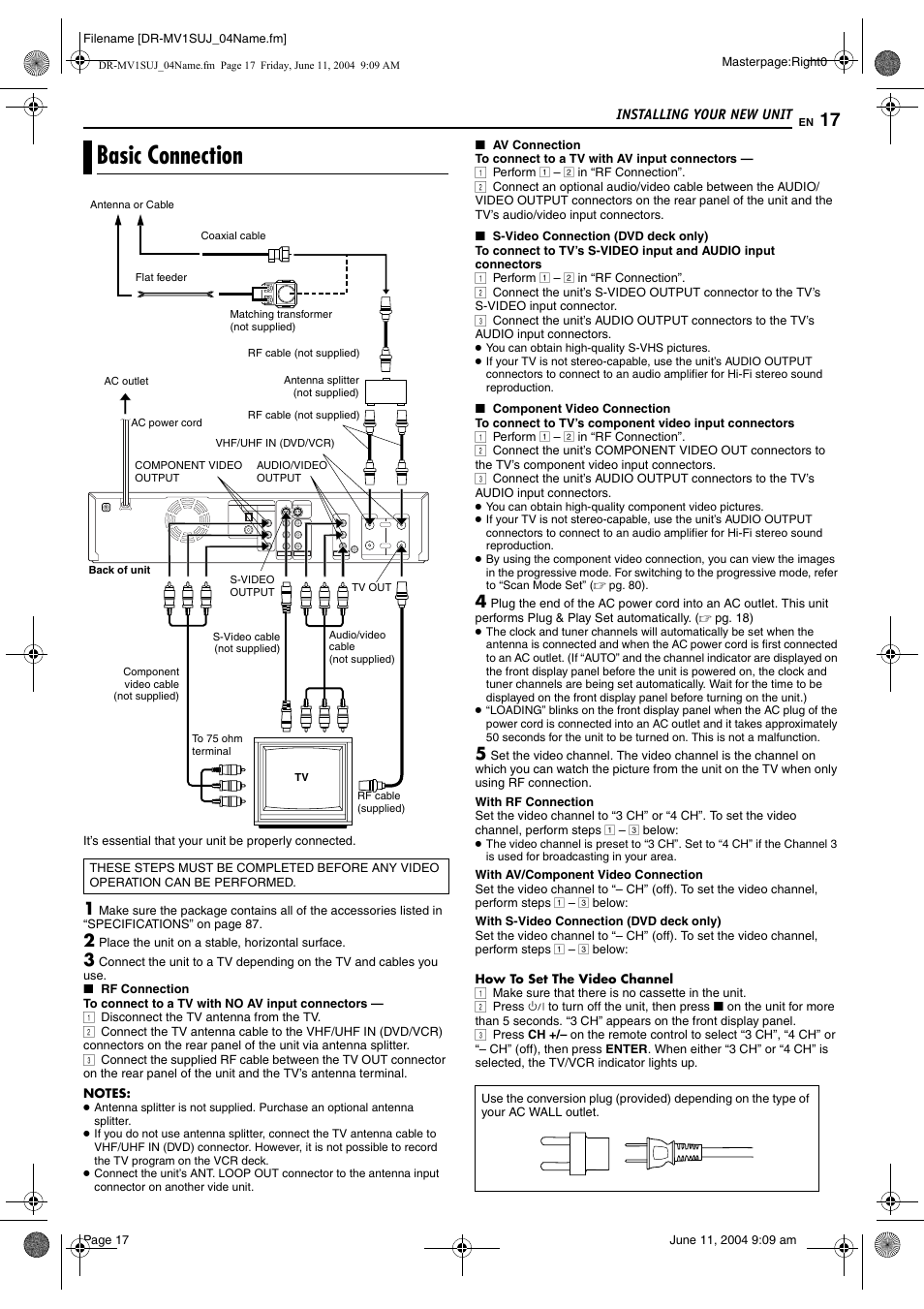 Installing your new unit, Basic connection, Pg. 17 | Pg. 17, 68 | JVC DR-MV1S User Manual | Page 17 / 92