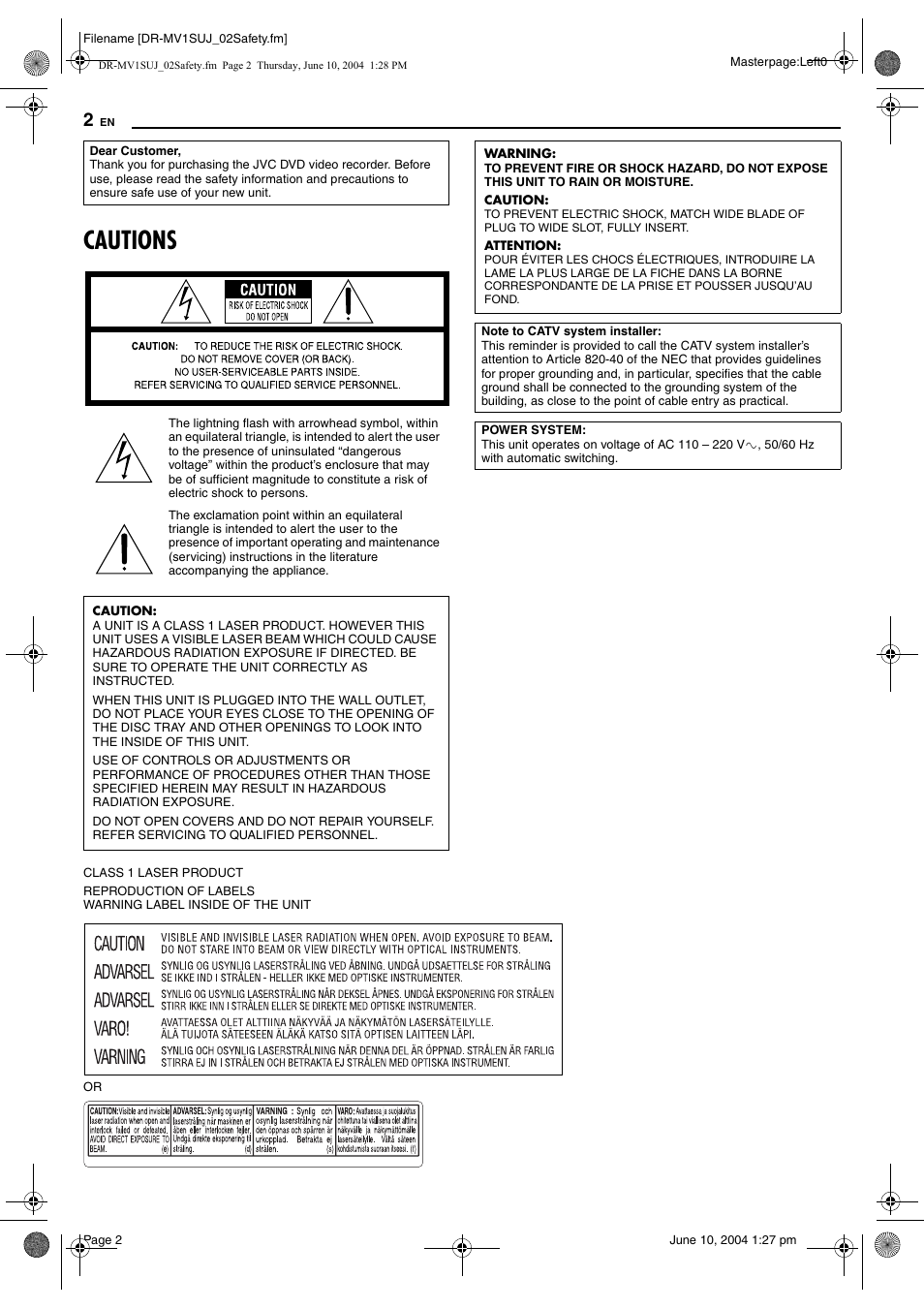 Cautions | JVC DR-MV1S User Manual | Page 2 / 92