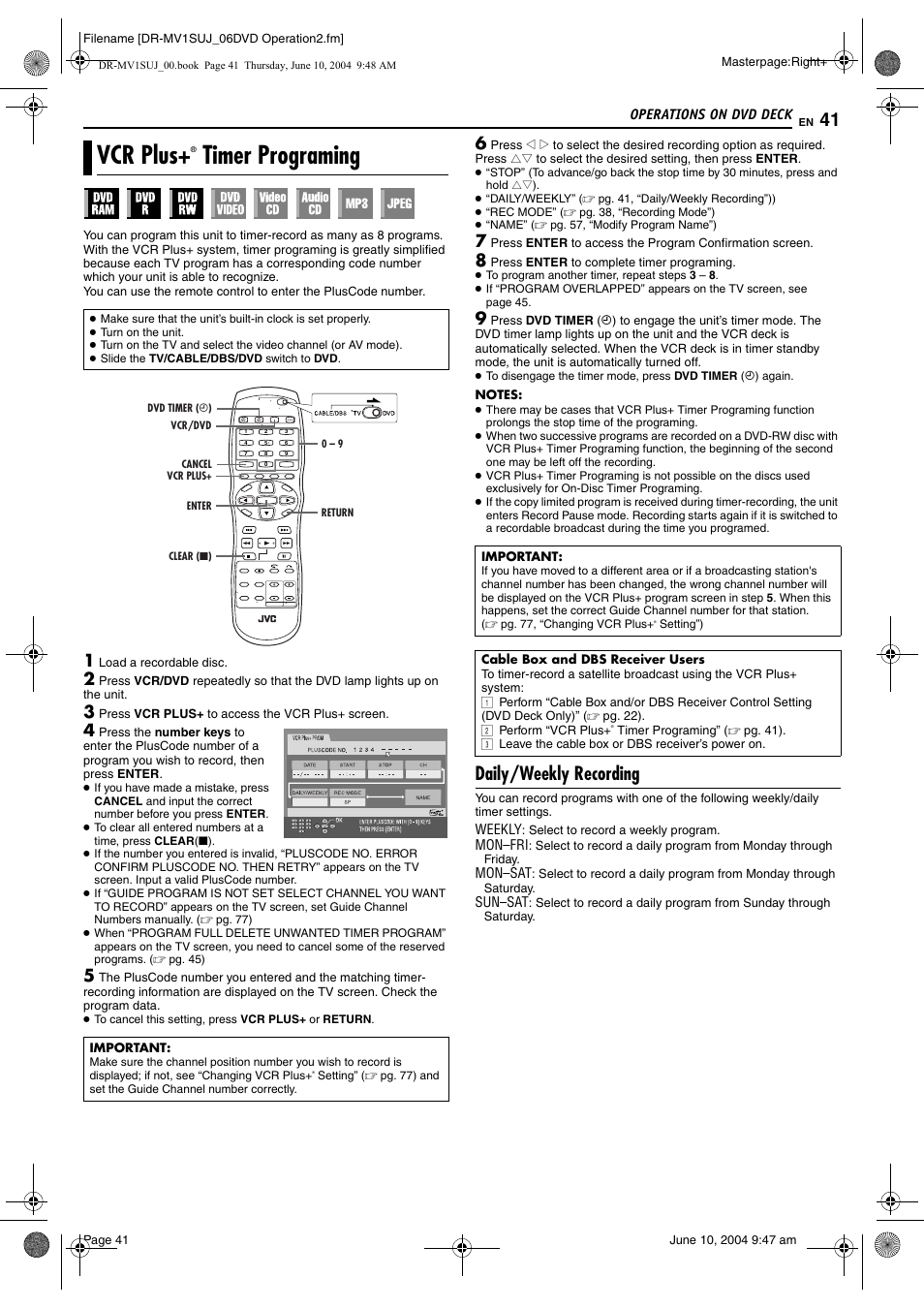 Vcr plus+® timer programing, Daily/weekly recording, Pg. 41) | Vcr plus, Timer programing, Timer lamp (timer), Pg. 41, Button, Pg. 41, 52, Pg. 41, 42) | JVC DR-MV1S User Manual | Page 41 / 92