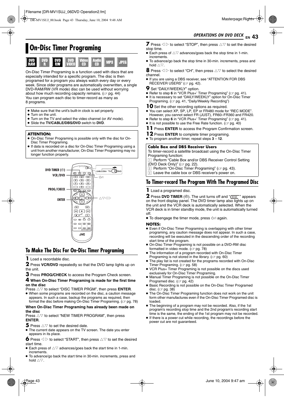 On-disc timer programing, To make the disc for on-disc timer programing, Pg. 43 | JVC DR-MV1S User Manual | Page 43 / 92