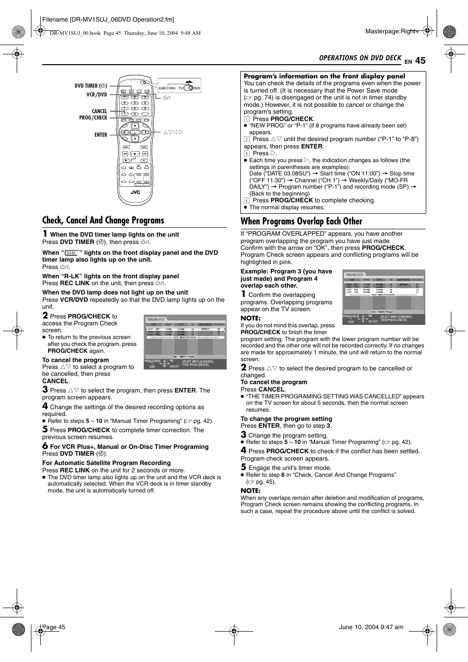 Check, cancel and change programs, When programs overlap each other, Pg. 45) | JVC DR-MV1S User Manual | Page 45 / 92