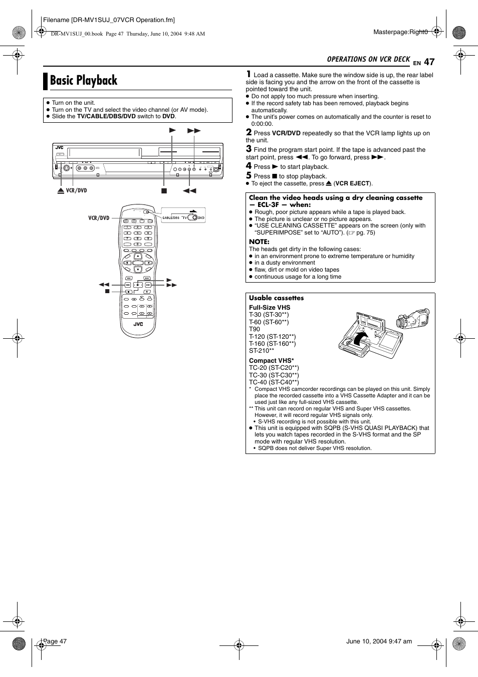 Operations on vcr deck, Basic playback, Vcr lamp | Pg. 47, Pg. 47, 48 | JVC DR-MV1S User Manual | Page 47 / 92