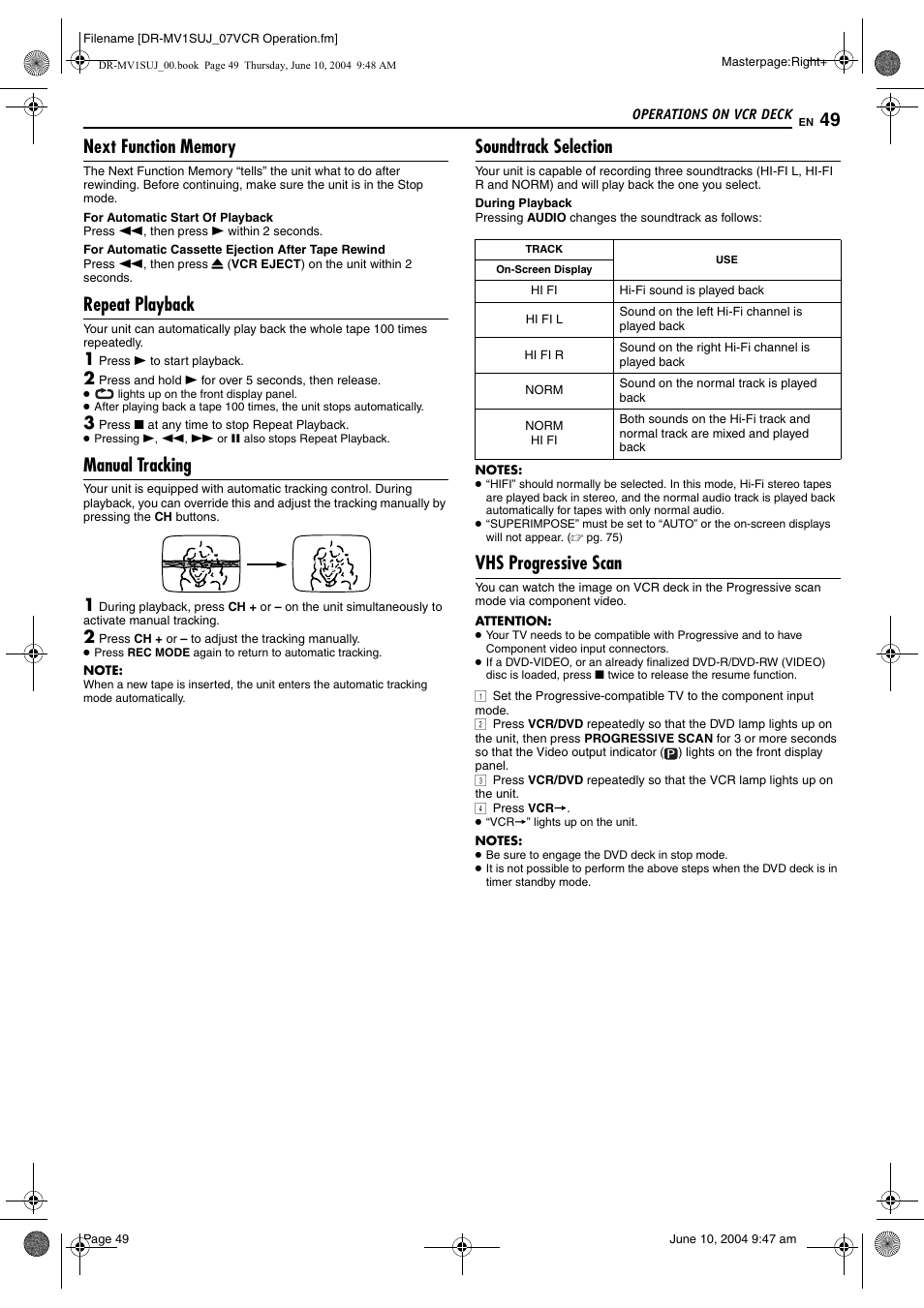 Next function memory, Repeat playback, Manual tracking | Soundtrack selection, Vhs progressive scan, Pg. 49 | JVC DR-MV1S User Manual | Page 49 / 92