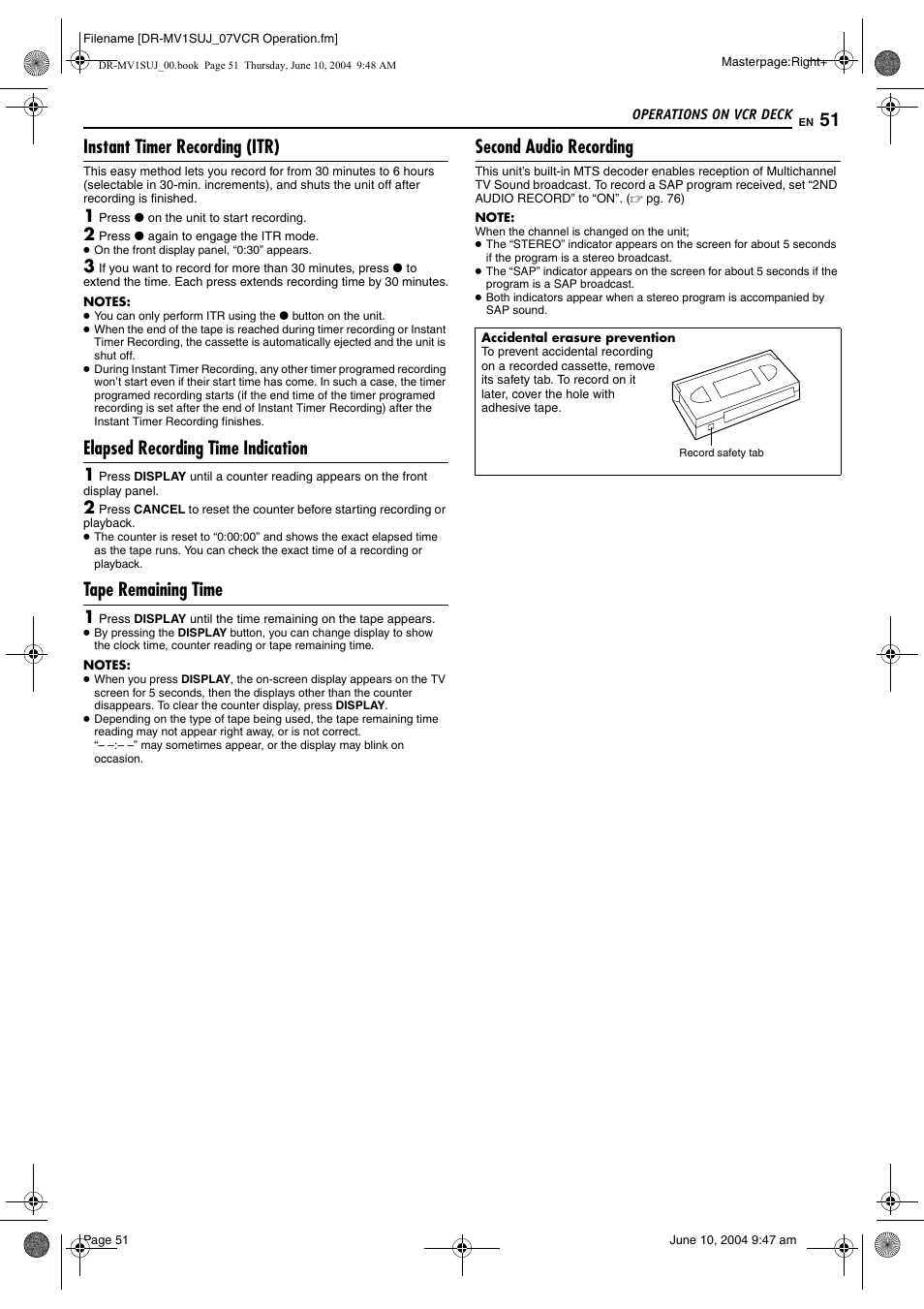 Instant timer recording (itr), Elapsed recording time indication, Tape remaining time | Second audio recording, Pg. 51, Dicator | JVC DR-MV1S User Manual | Page 51 / 92