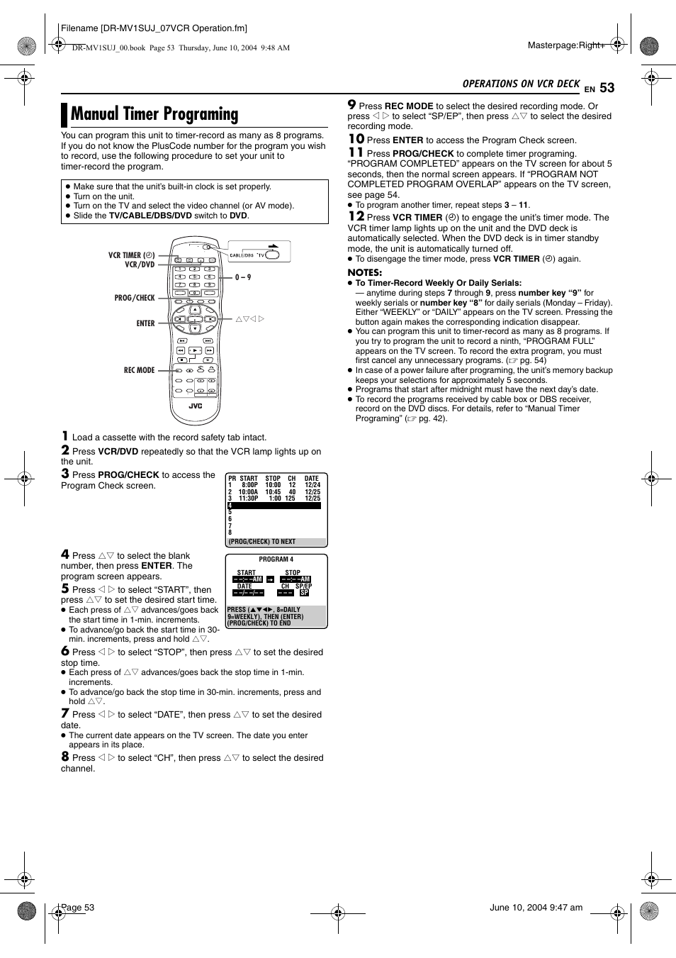 Manual timer programing, Operations on vcr deck | JVC DR-MV1S User Manual | Page 53 / 92