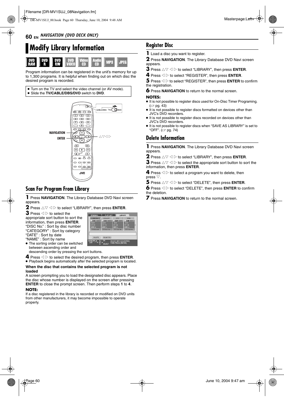 Modify library information, Scan for program from library, Register disc | Delete information, Pg. 60) | JVC DR-MV1S User Manual | Page 60 / 92