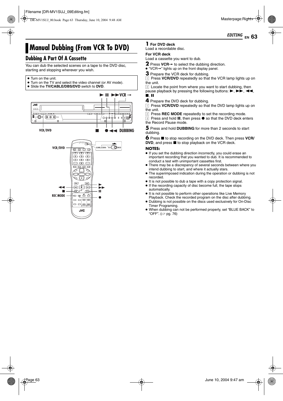 Manual dubbing (from vcr to dvd), Dubbing a part of a cassette | JVC DR-MV1S User Manual | Page 63 / 92