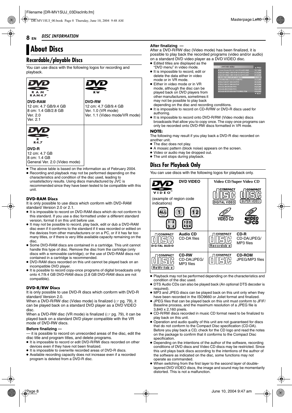 Disc information, About discs, Recordable/playable discs | Discs for playback only | JVC DR-MV1S User Manual | Page 8 / 92