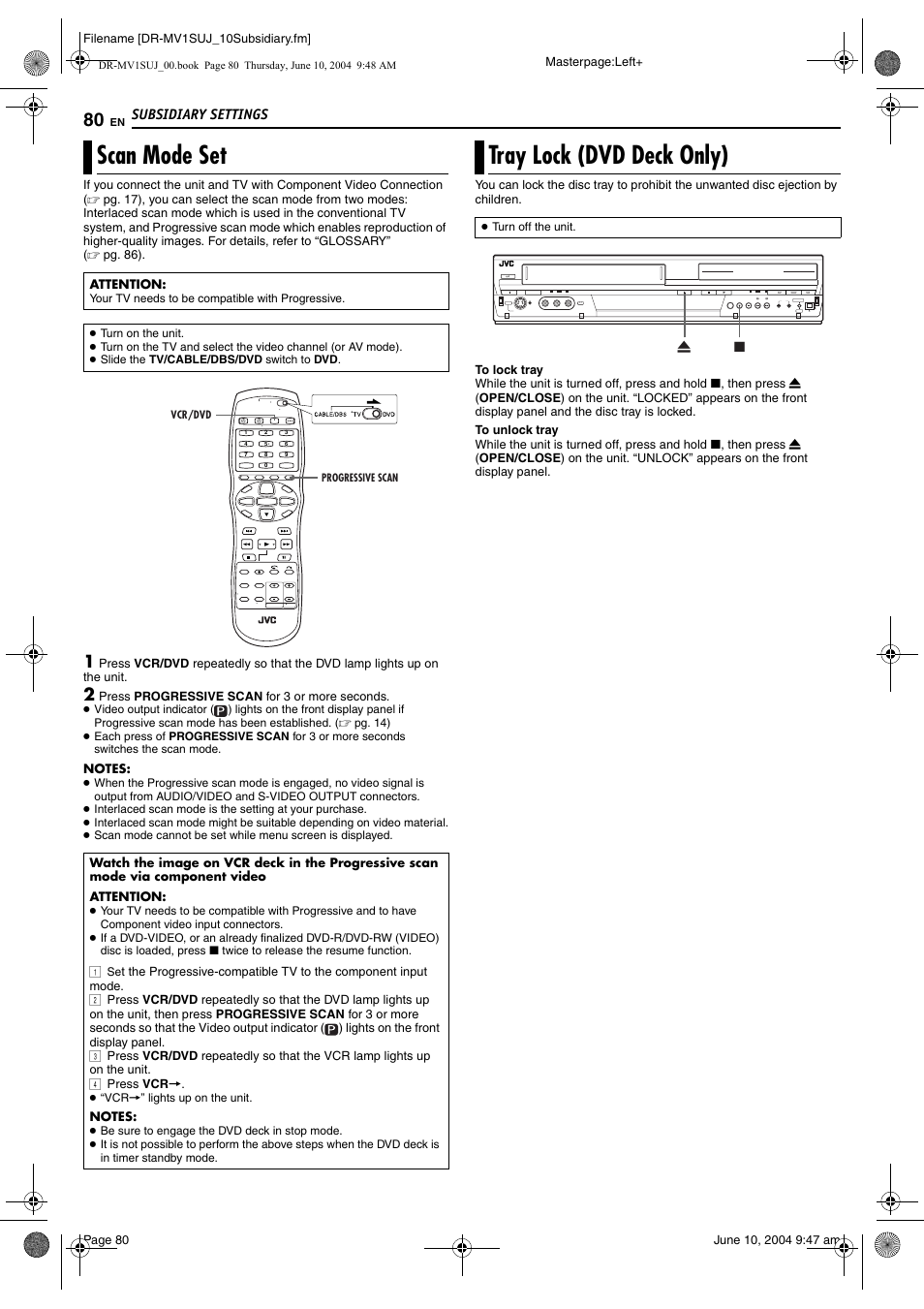 Scan mode set, Tray lock (dvd deck only), Scan mode set tray lock (dvd deck only) | Pg. 80, Pg. 80) | JVC DR-MV1S User Manual | Page 80 / 92