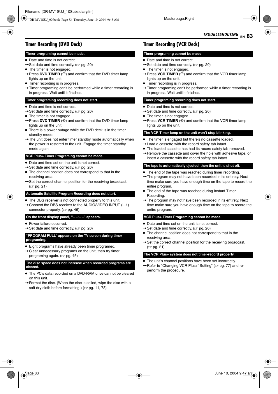 Timer recording (dvd deck), Timer recording (vcr deck) | JVC DR-MV1S User Manual | Page 83 / 92