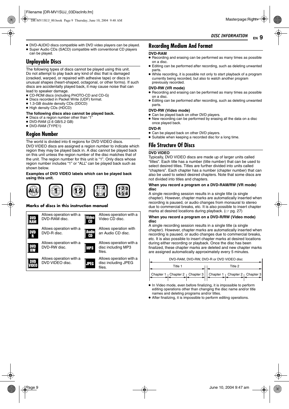 Unplayable discs, Region number, Recording medium and format | File structure of discs | JVC DR-MV1S User Manual | Page 9 / 92