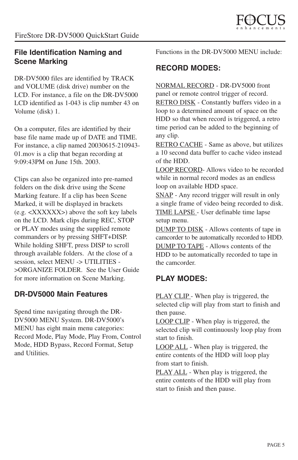 File identification naming and scene marking, Dr-dv5000 main features, Record modes | Play modes, Firestore dr-dv5000 quickstart guide | JVC DR-DV5000 User Manual | Page 5 / 8