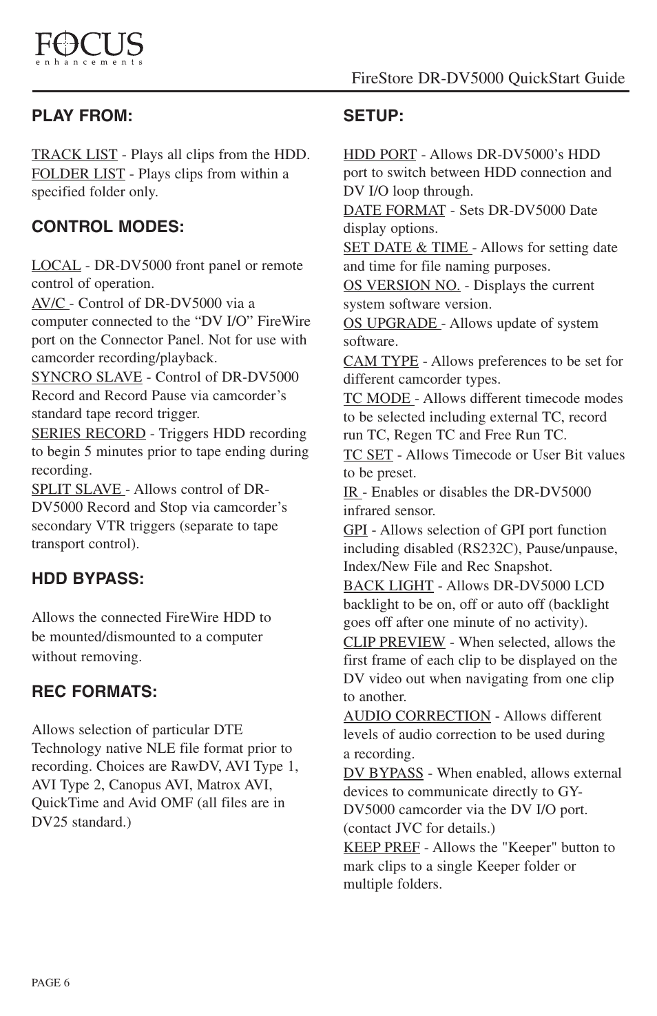Play from, Control modes, Hdd bypass | Rec formats, Setup, Firestore dr-dv5000 quickstart guide | JVC DR-DV5000 User Manual | Page 6 / 8