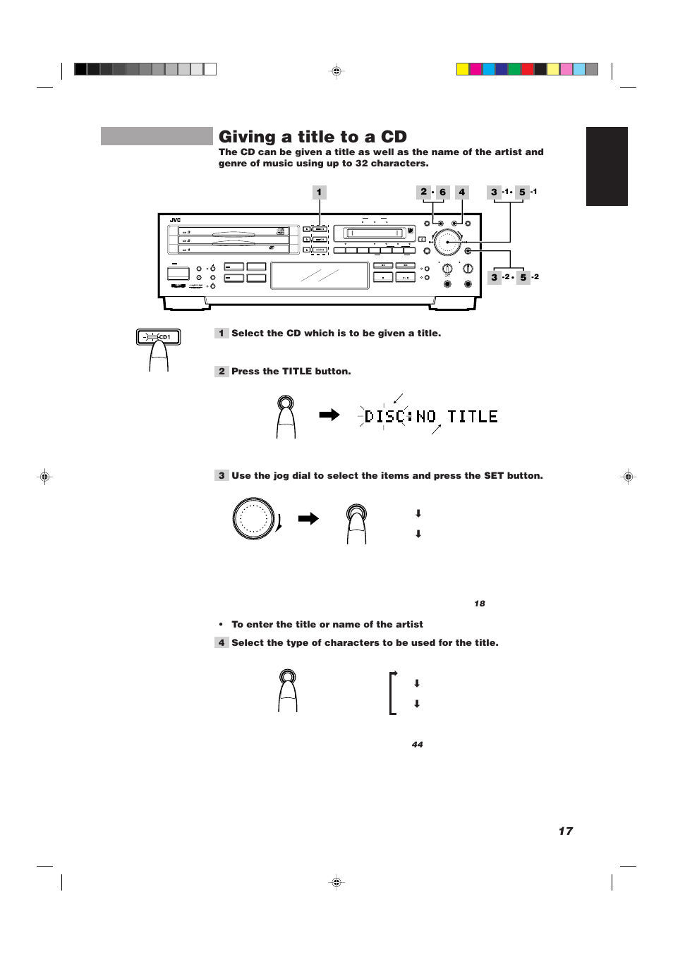 Giving a title to a cd, 17 english, 2 press the title button | The disc title input mode is now established | JVC XU-301BK User Manual | Page 19 / 59