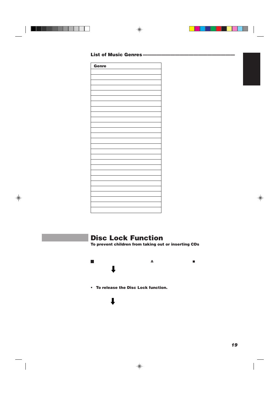 Disc lock function, 19 english list of music genres | JVC XU-301BK User Manual | Page 21 / 59