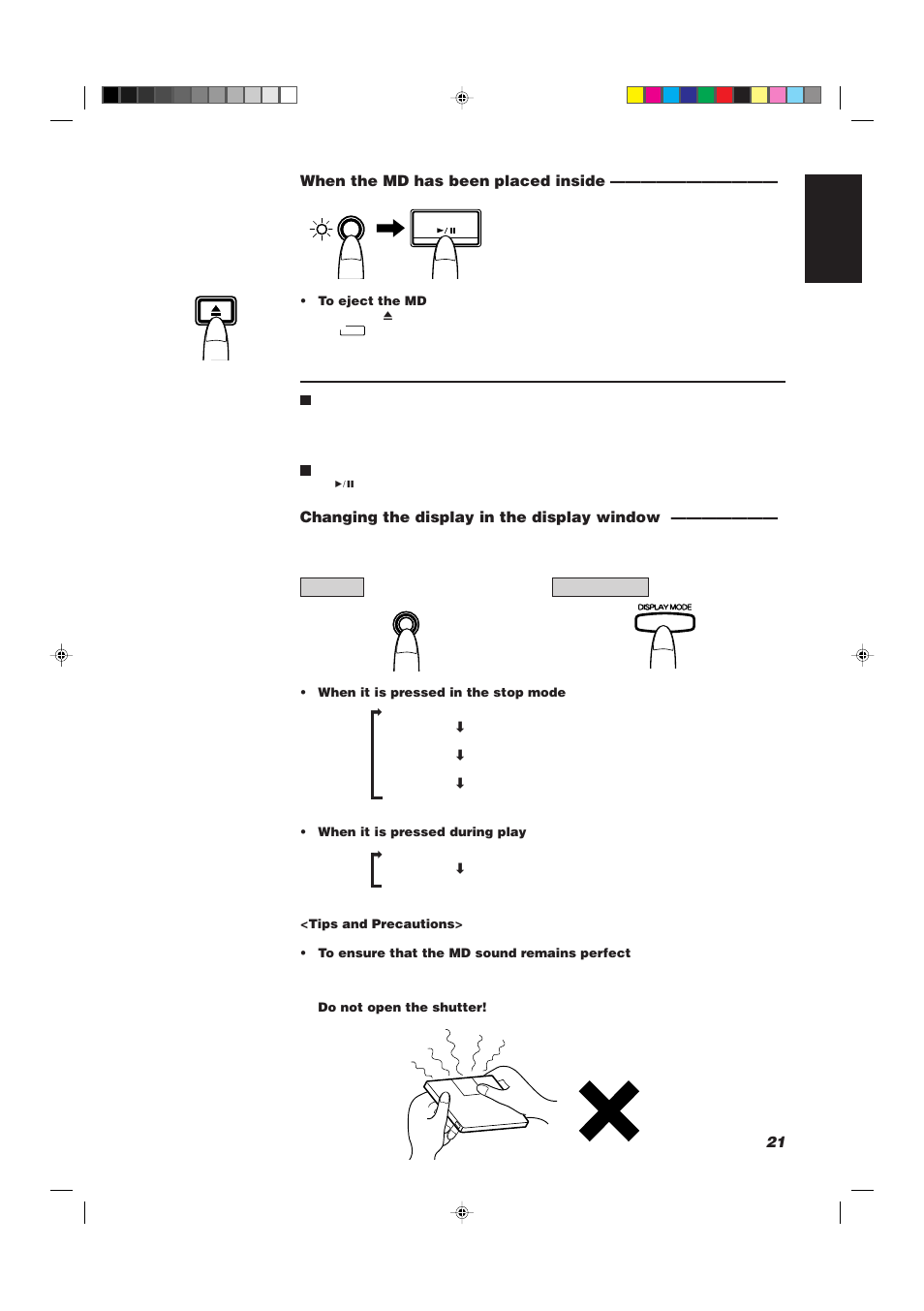 21 english when the md has been placed inside, Changing the display in the display window | JVC XU-301BK User Manual | Page 23 / 59