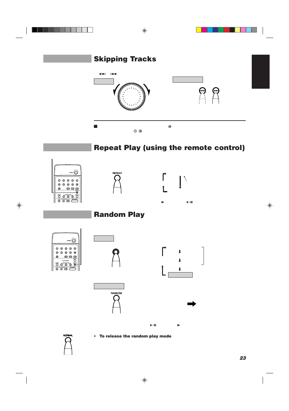 Skipping tracks, Repeat play (using the remote control), Random play | 23 english | JVC XU-301BK User Manual | Page 25 / 59