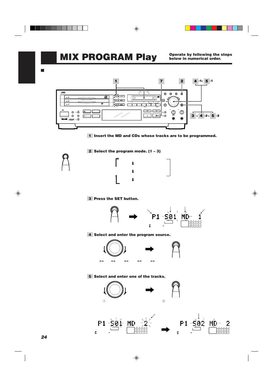 Mix program play, 24 english, 2 select the program mode. (1 – 3) | 5 select and enter one of the tracks, Program mode | JVC XU-301BK User Manual | Page 26 / 59