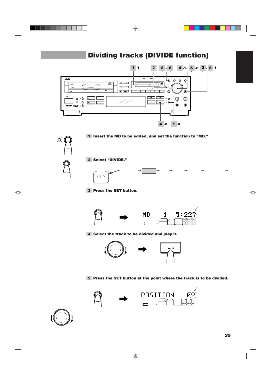 Dividing tracks (divide function), 35 english, The number of tracks and play time are displayed | JVC XU-301BK User Manual | Page 37 / 59