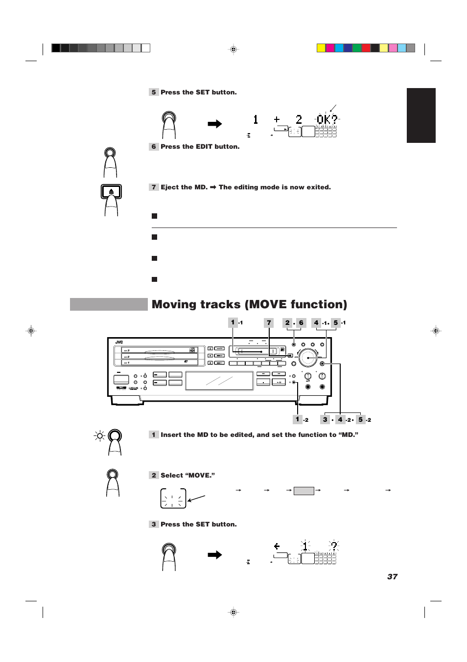 Moving tracks (move function), 37 english, 5 press the set button | 6 press the edit button, 7 eject the md. \ the editing mode is now exited, 2 select “move.” 3 press the set button, Example: when joining the second track, The number of tracks and play time are displayed | JVC XU-301BK User Manual | Page 39 / 59