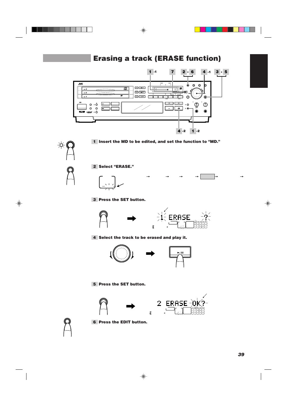 Erasing a track (erase function), 39 english, 5 press the set button | 6 press the edit button, The number of tracks and play time are displayed, Example: when erasing the second track, Flashing | JVC XU-301BK User Manual | Page 41 / 59