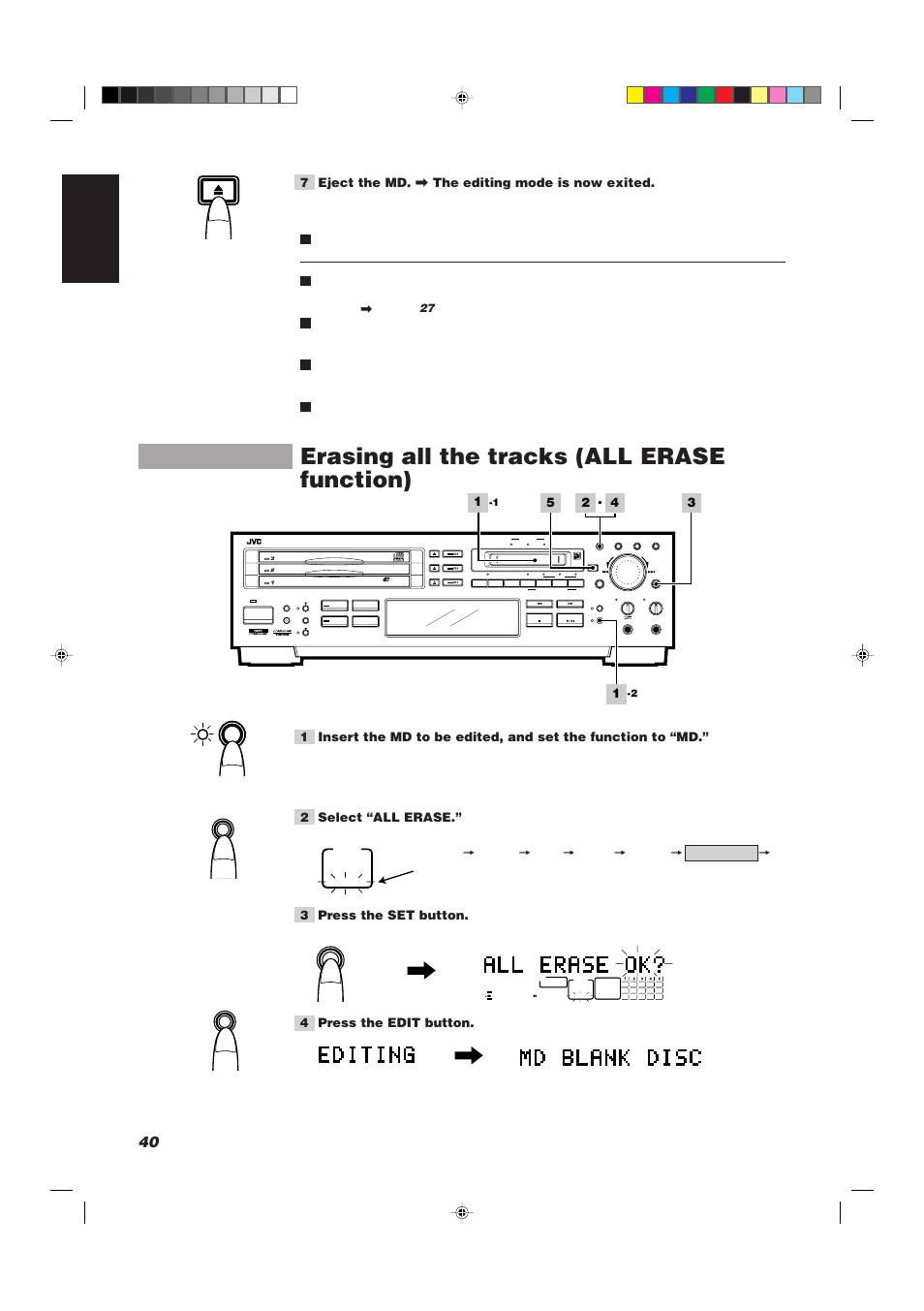 Erasing all the tracks (all erase function), 40 english, 7 eject the md. \ the editing mode is now exited | The number of tracks and play time are displayed, Flashing | JVC XU-301BK User Manual | Page 42 / 59