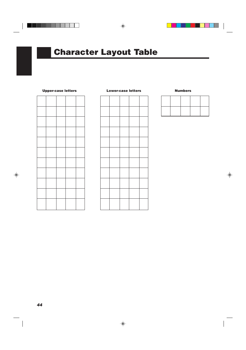 Character layout table | JVC XU-301BK User Manual | Page 46 / 59