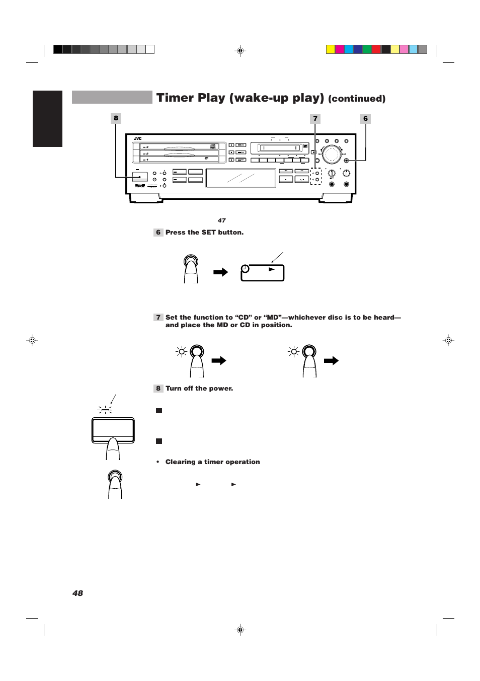 Timer play (wake-up play), Continued), 48 english | Clearing a timer operation, Continued from page 47 (while “play?” is flashing) | JVC XU-301BK User Manual | Page 50 / 59