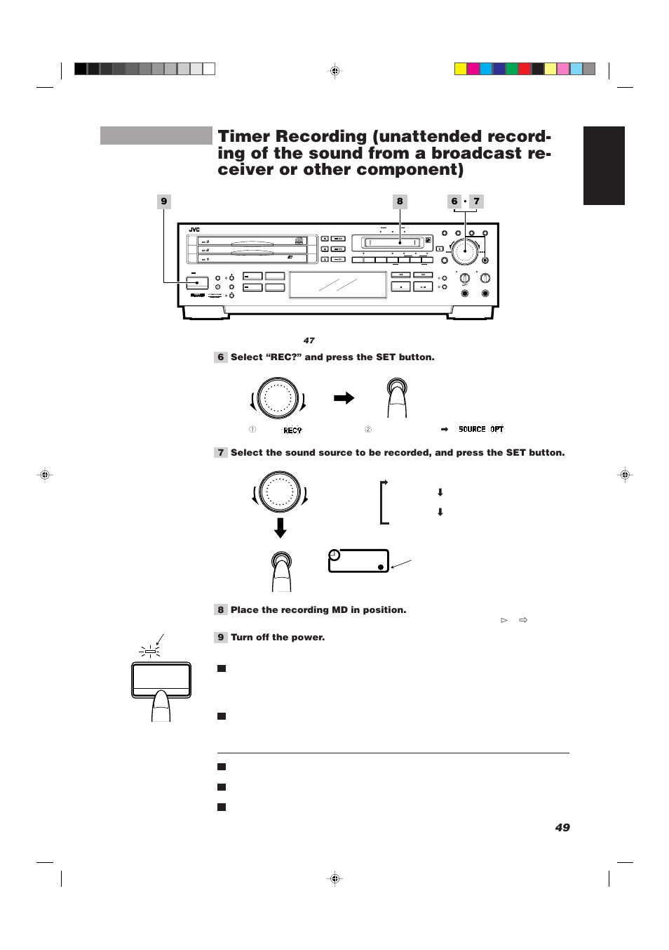 49 english, 9 turn off the power, Continued from page 47 (while “play?” is flashing) | JVC XU-301BK User Manual | Page 51 / 59