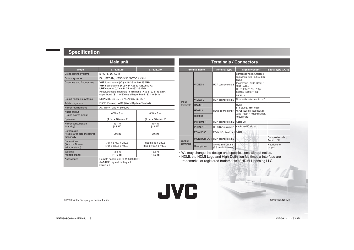 Specification, Specifi cation, Main unit terminals / connectors | JVC GGT0303-001A-H User Manual | Page 16 / 16