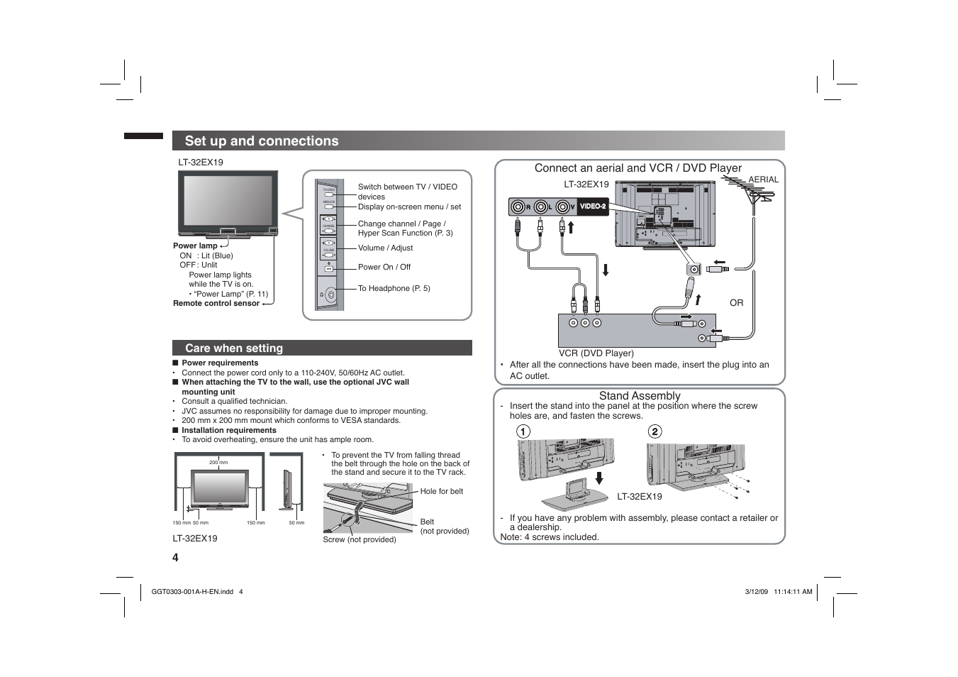 Set up and connections, Care when setting, Connect an aerial and vcr / dvd player | Stand assembly | JVC GGT0303-001A-H User Manual | Page 4 / 16