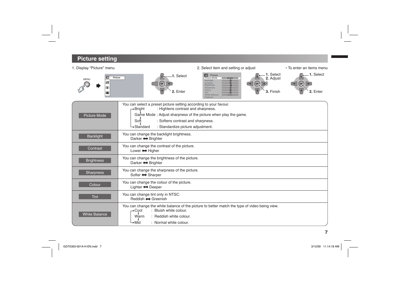 Picture setting | JVC GGT0303-001A-H User Manual | Page 7 / 16