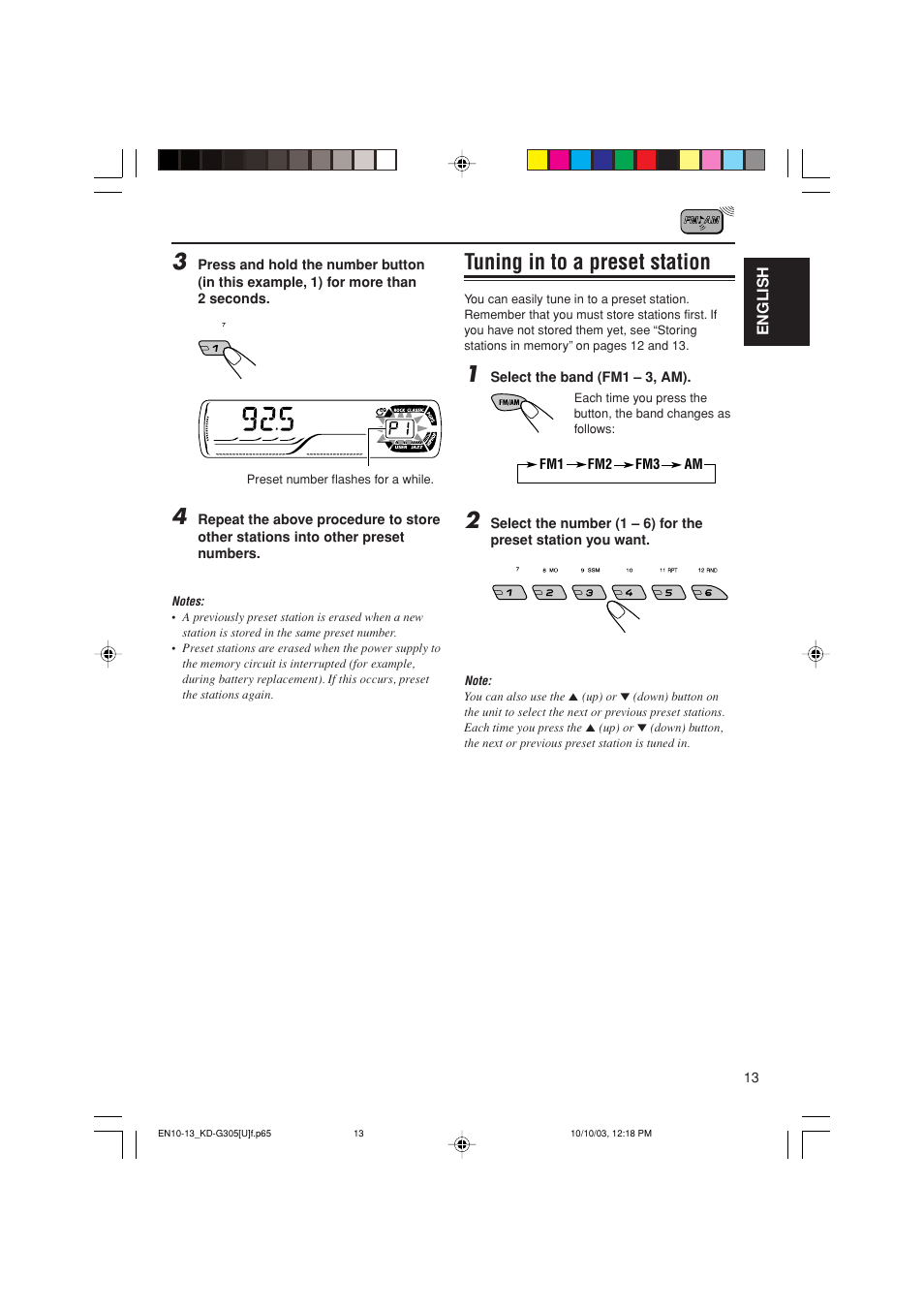 Tuning in to a preset station | JVC KD-G305 User Manual | Page 13 / 36