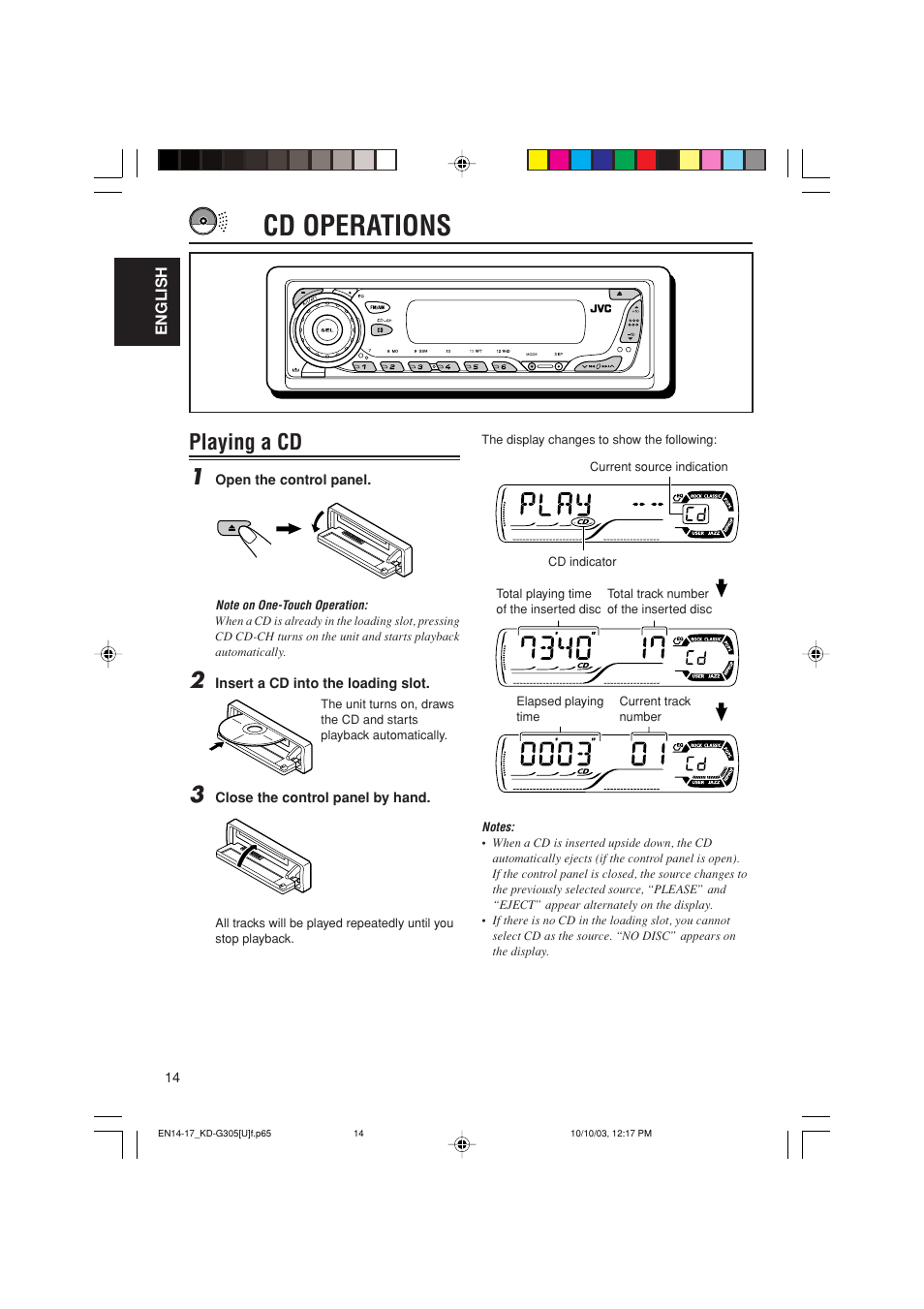 Cd operations, Playing a cd 1 | JVC KD-G305 User Manual | Page 14 / 36