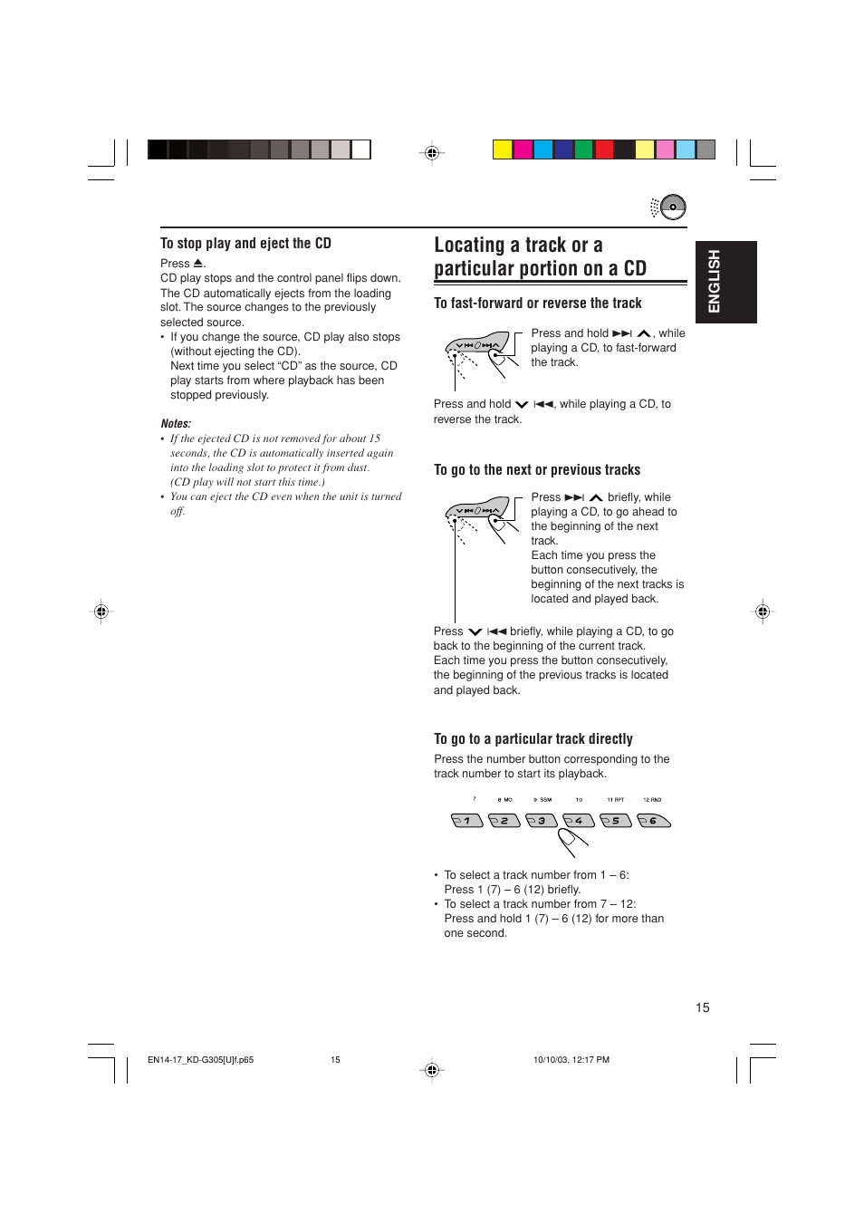 Locating a track or a particular portion on a cd, English | JVC KD-G305 User Manual | Page 15 / 36